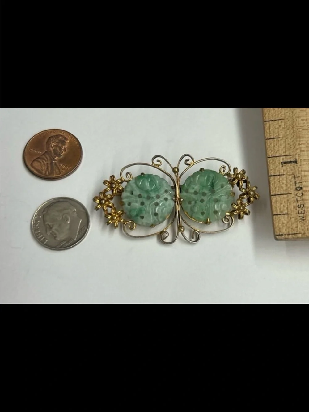 Chinese Export Gold Vermeil Filigree Silver Carved Jade Jadeite butterfly pin